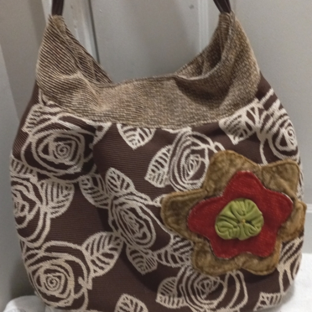 C.Hamlin Design Large Brown Flowered Purse W/Lg Appliqued Flower. Crossover